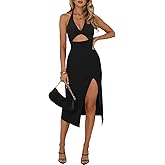 IHOT Women Sexy Halter Deep V Neck Cutout Twist Front Club Dress Summer Backless Side Slit Bodycon Midi Dresses