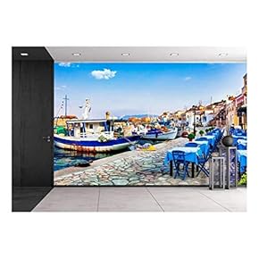 Traditional Greece - Old Fishing Boats and Tavernas, Chalki Island - Removable Wall Mural | Self-Adhesive Large Wallpaper - 66x96 inches