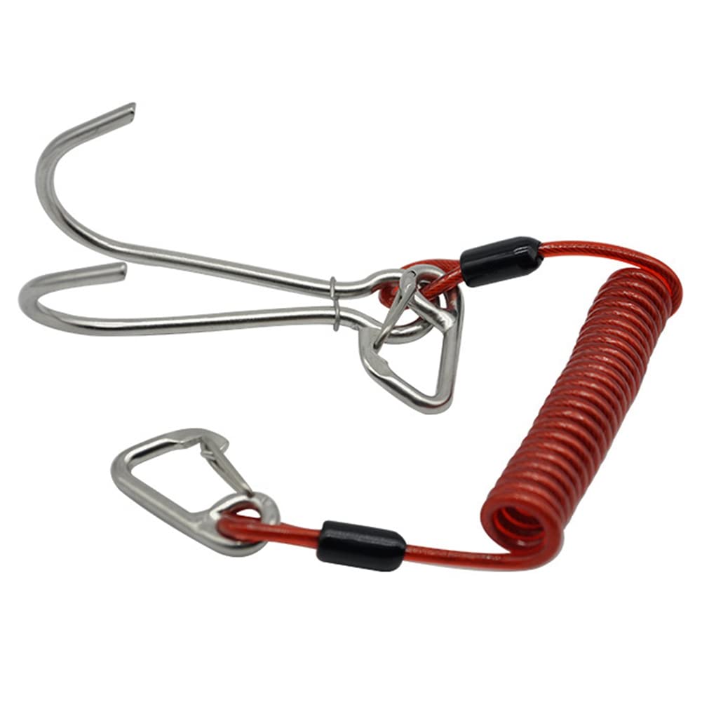 Hopbucan Stainless Steel Reef Hook Spiral Coil Spring Cord Hook Dive Safety Accessory Red