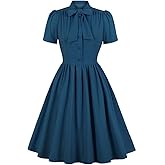 Vintage Women 1940s Bow Tie Neck Dress Retro 40s 50s Button Up Business Work A-line Cocktail Dresses