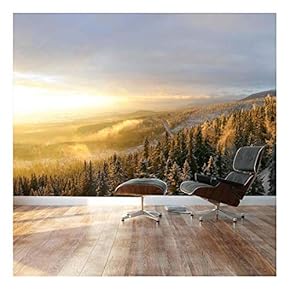 Winter Forest Snow with a Warm Sunset on The Misty air - Landscape - Wall Mural, Removable Sticker, Home Decor - 66x96 inches