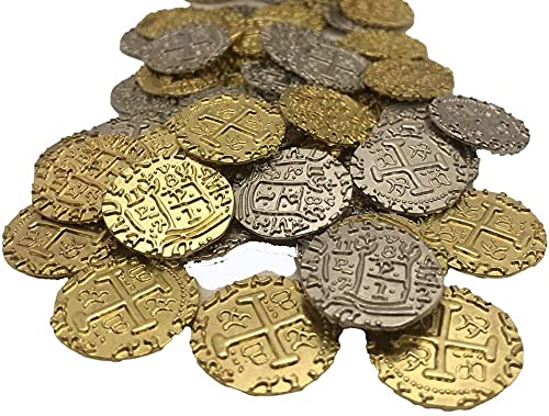 Metal Pirate Coins - Silver and Gold Coins Treasure - Replica Spanish Doubloons for Board Games, Tokens, Cosplay - Realistic Fake Money Props Pirate Treasure Doubloon Replicas with Pouch (50 x 30mm)