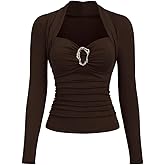 SOLY HUX Women's Long Sleeve Metal Decor Button Trendy Going Out Top Sweetheart Neck Slim Elegant T Shirts Christmas