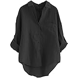 Minibee Women's Linen Blouse High Low Shirt Roll-Up Sleeve Tops