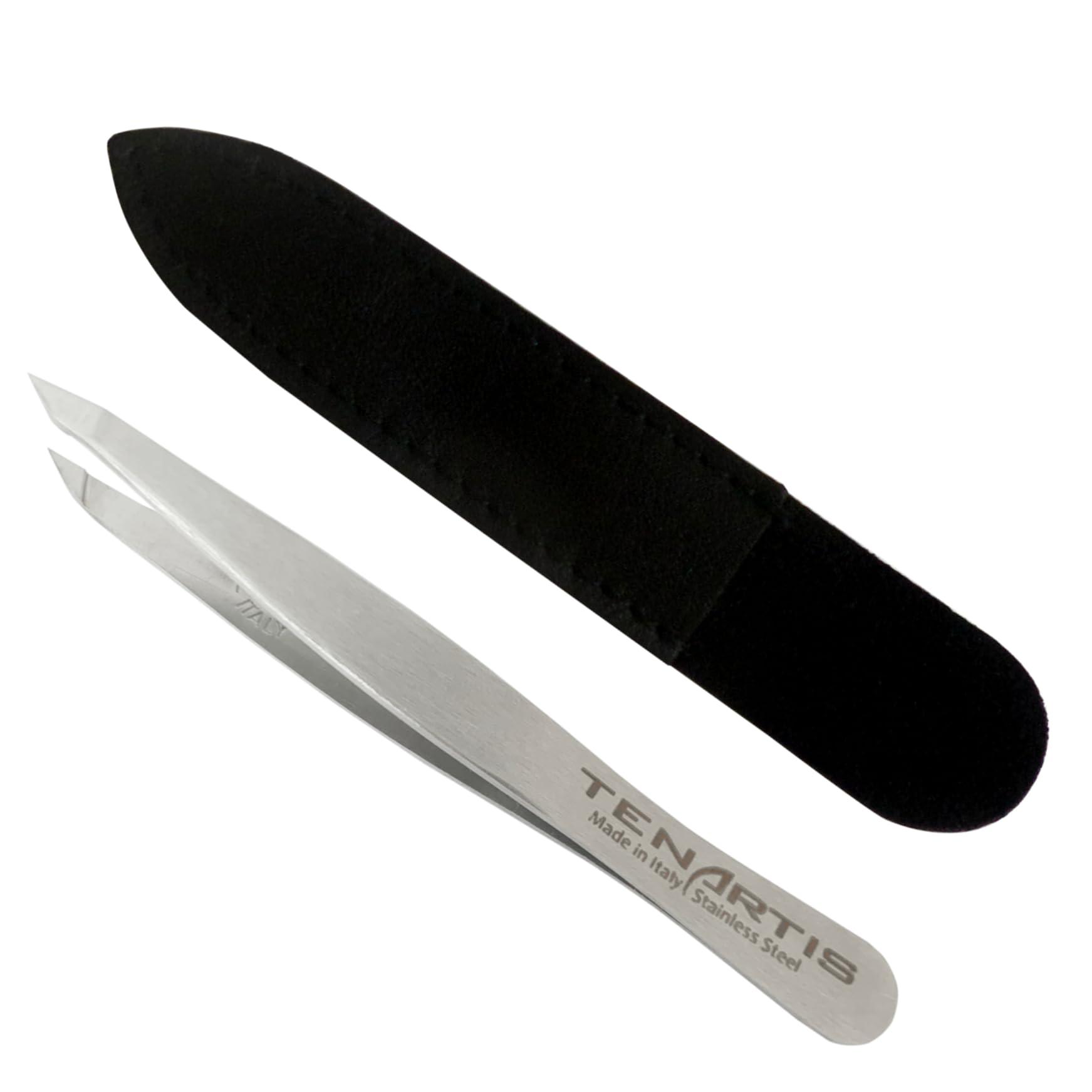 Pointed Slant Hair Tweezers Stainless Steel with Leather Case - Tenartis Made in Italy