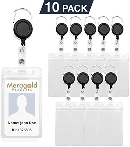 Heavy Duty Vertical Waterproof PVC ID Badge Holders and Retractable ID Badge Reels with 1.5x Thicker Cord, Carabiner Clip, and Belt Clip by Meragold Products (Vertical - 10 Pack)