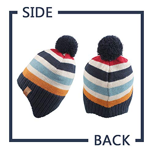 Knit Striped Baby Hat Scarf Set Winter Warm Boys Girls Beanie Fleece Lining Toddler Kids Hat with Pompom (Navy Striped, M)