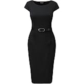 Allegra K Business Casual Dress for Women's Cap Sleeve Boat Neck Belted Pencil Dress