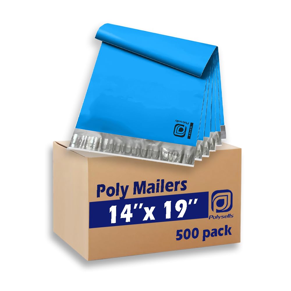 POLYSELLS 500 pcs 14.5x19 Inches Blue Poly Mailers Shipping Envelopes, Strong Adhesive Sealing, Waterproof, and Tear-resistant Postal Mailing Bags for Clothing, Books, and Accessories Image