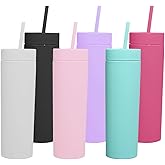 Sonoup Skinny Tumblers with Lids and Straws Bulk.Matte Multi Slim Tumbler Cups with Straws.16 oz Plastic Pastel Double Walled Acrylic Skinny Tumbler Set for Smoothie Ice Coffee.Customizable DIY Gift.