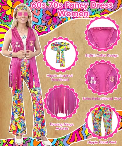 HEITOYI Women's Hippie Costume, 70s Costume with Dress, Vest, Trousers and Accessories, Carnival Costumes Adult Women, Cosplay Hippie for Halloween, Carnival, Party