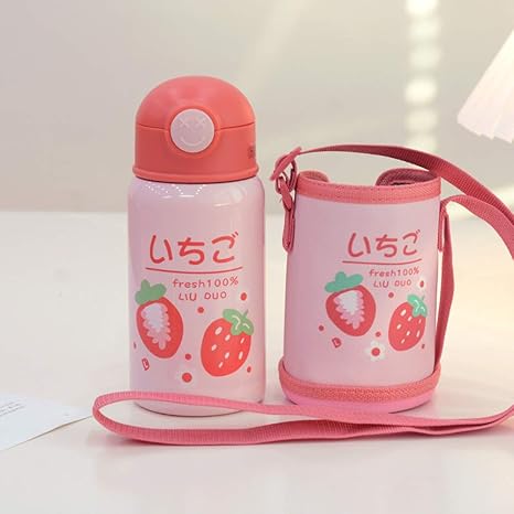 Amazon 400ml かわいいシリーズ ストロー ボトル Losoho 水筒 ベビーマグカップ ステンレスボトル 超軽量 真空断熱 保冷 保温 魔法瓶 かわいいカップセット付き ポータブル ワンタッチ オープン 子供 こども ガールズ ママ ウォーターボトル T B 400ml イチゴ