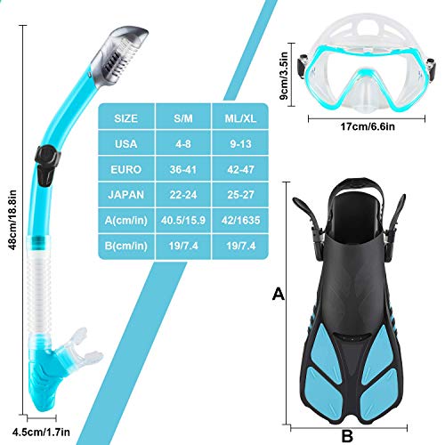 ZEEPORTE Mask Fin Snorkel Set with Adult Snorkeling Gear, Panoramic View Diving Mask, Trek Fin, Dry Top Snorkel +Travel Bags, Snorkel for Lap Swimming (ML/XL) (W40, ML/XL) (Renewed)