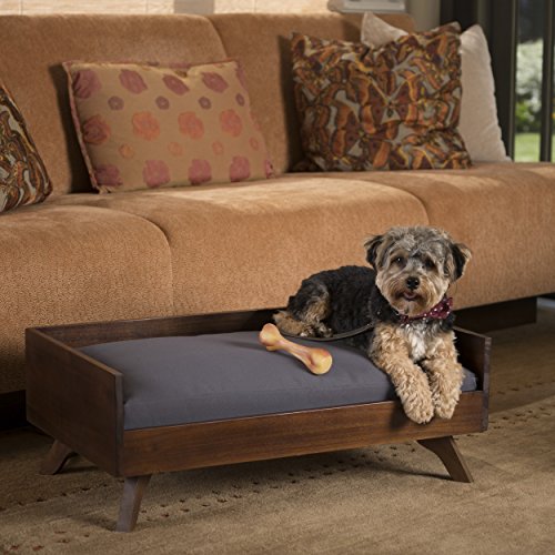 Darren Mid-Century Acacia Wood Dog Bed with Water Resistant Cushion
