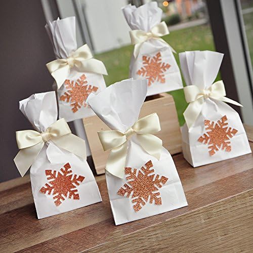 Snowflake Favor Bags (Pack of 10). Rose Gold Party Supplies. Mini Party Favor Bags with Snowflake and Bows.