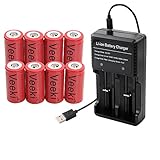 Rechargeable 16340 CR123A Battery, Veeki 16340 RCR123A 3.7V 650mAh Protected Li-ion 16340 Batteries for High Drain Device (8pc+charger)
