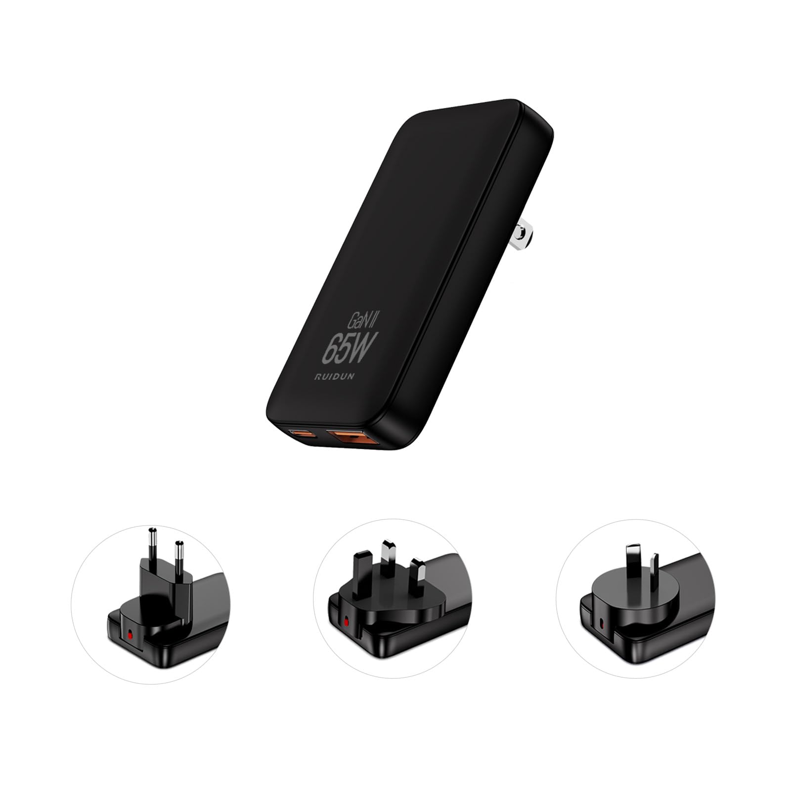 RUIDUN 65W Slim GaN USB C Charger Block, Foladable Fast Travel Charger with UK/EU/AU 3 Plugs, 2-Port International Power Adapter for MacBook Air/Pro, iPhone 17/16/15, iPad, Galaxy S25/S24,（2026 New）