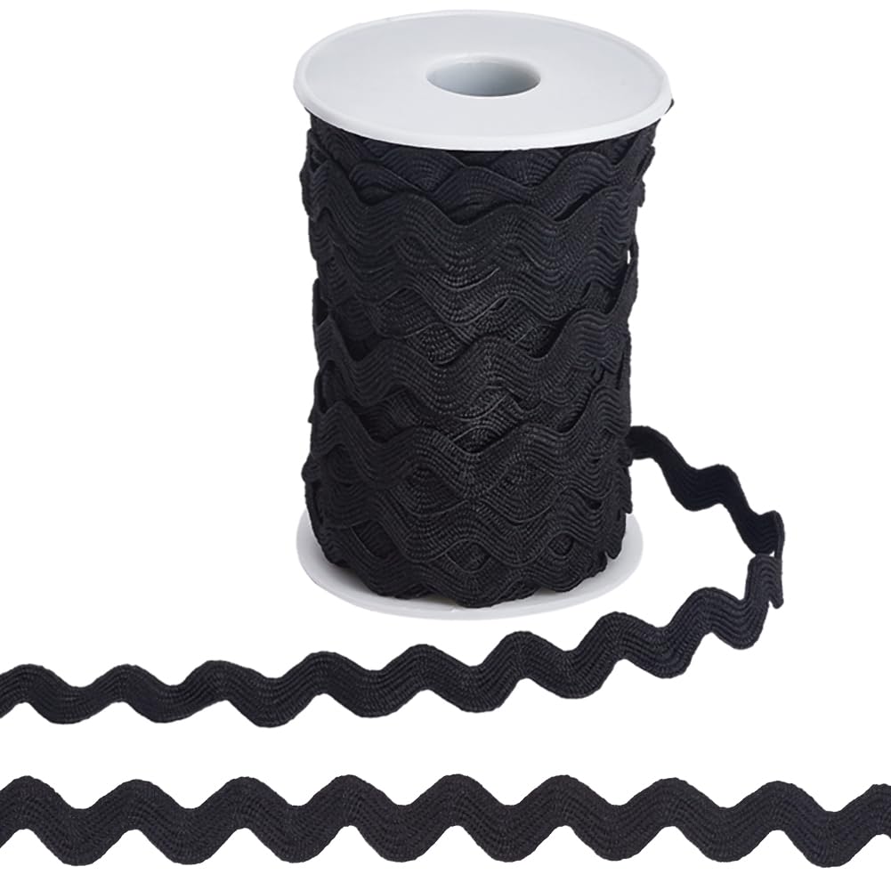 GORGECRAFT 1 Roll 25 Yards Ric Rac Trim Ribbon 10mm Black Rick Rack Wave Sewing Bending Fringe Trim Braided Woven Fabric for Sewing Flower Making Wedding Dress Party Lace Ribbon Craft