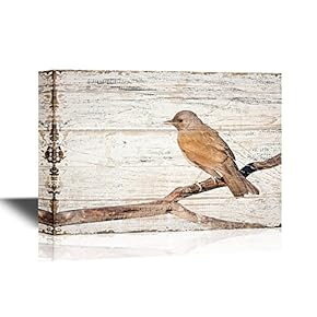 Birds and Poultry Canvas Wall Art - Bird Standing on a Tree Branch - Vintage Wood Style Giclee Print Gallery Wrap Modern Home Art | Ready to Hang - 12x18 inches