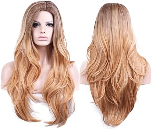VELVEL 28" Dark Roots Ombre Brown Long Curly Wavy Wigs For White Women Synthetic Hair Full Wigs With Free Wig Cap