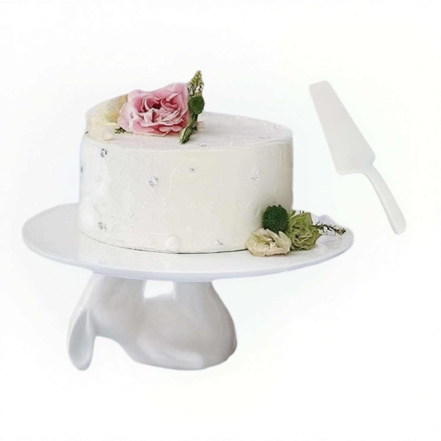 Photo 1 of Quegroot 12-Inch Porcelain Cake Stand for Wedding, Round Dessert Stand with Cake Spatula, White Rabbit Cupcake Stand
