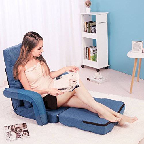 Blue Adjustable Folding Lazy Sofa Floor Chair Sofa Lounger Bed w/ Armrests & Pillow For Leisure - Thumbnail 2