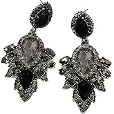 Large Art Deco Antique Vintage Style Black Jet Onyx Grey Marcasite Rhinestone Bridal Bridesmaid Wedding Prom Pageant Drag Queen Statement Cluster Earrings