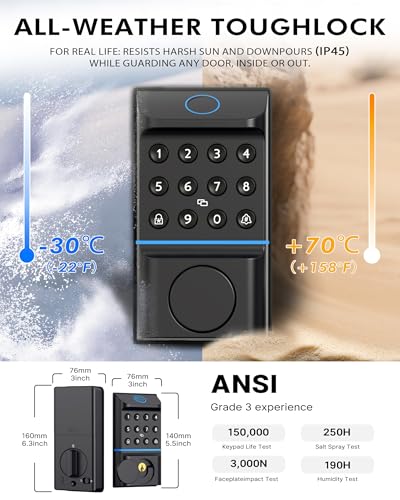 Asidrama Smart Fingerprint Door Lock Deadbolt with Keypad - Keyless Entry via Biometric, APP, Code, Keys & Card for Bedroom, Office, Hotel, Apartment - Black
