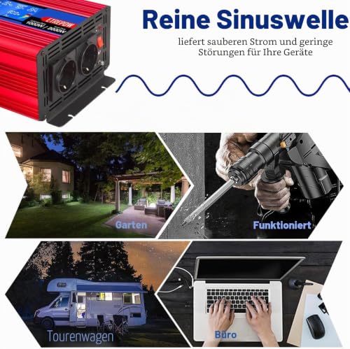 ETREPOW Inverter 1000 W 12 V to 230 V Pure Sine Wave Voltage Converter with 2 EU Sockets and a 2.1 A USB, Wireless Remote Control, LCD Screen and 2 Fans Peak Power 2000 W Car Converter