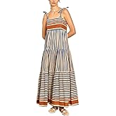 SOOKABEILA Women Striped Sleeveless Maxi Dress Flowy Smocked Tie Shoulder Dress Backless Spaghetti Strap Boho Sundress