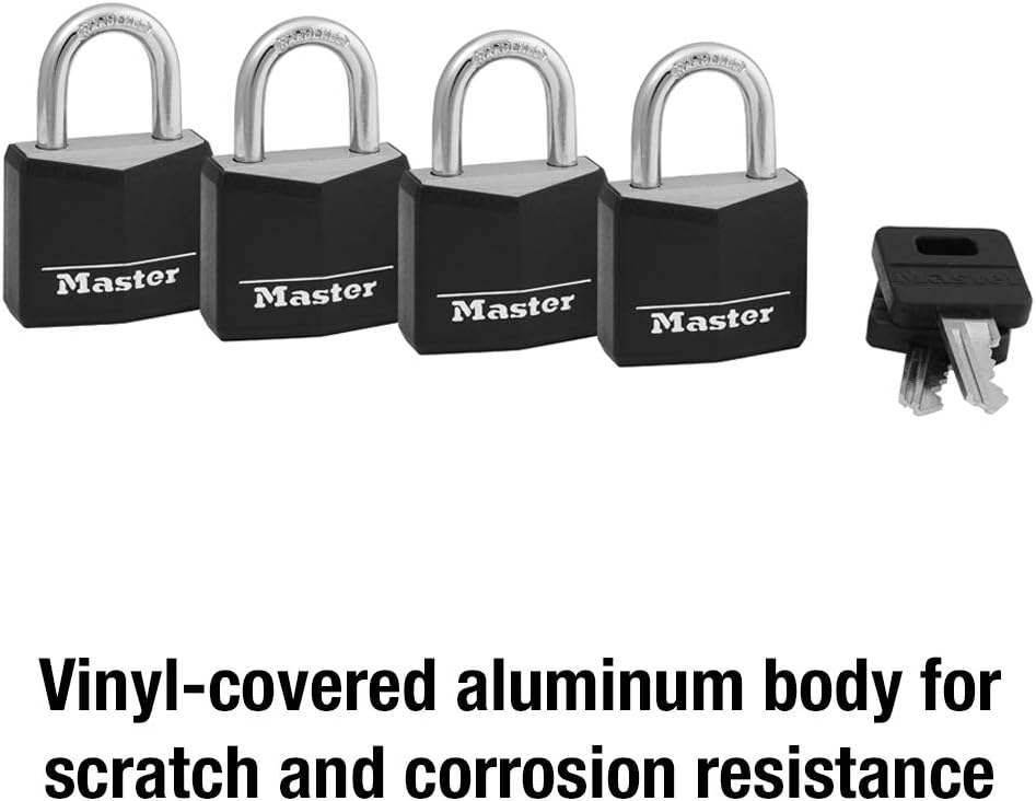 Master Lock 131Q Covered Aluminum Padlock with Key, Black, 4 Pack - - 