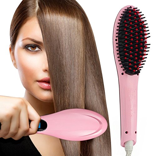 Hair straightener,PrettyQueen Professional Detangling Hair Brush Hair Styling Comb Digital Anti Static Anti-Scald Ceramic Heating Iron Pink Hair Massage Straightening Irons