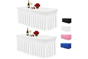 Albassa Table Skirts for Rectangle Tables 6ft, Spandex Table Covers for 6 Foot Tables, Wrinkle Resistant Ruffles Elastic Table Cloths for Banquets, Weddings, Parties (White, 6ft 2Pack)