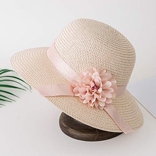 Kinglly Wide Brim Headwear UV Ladies Wide Straw Foldable Travel Flower Sun Hat Summer Beach Caps Pink