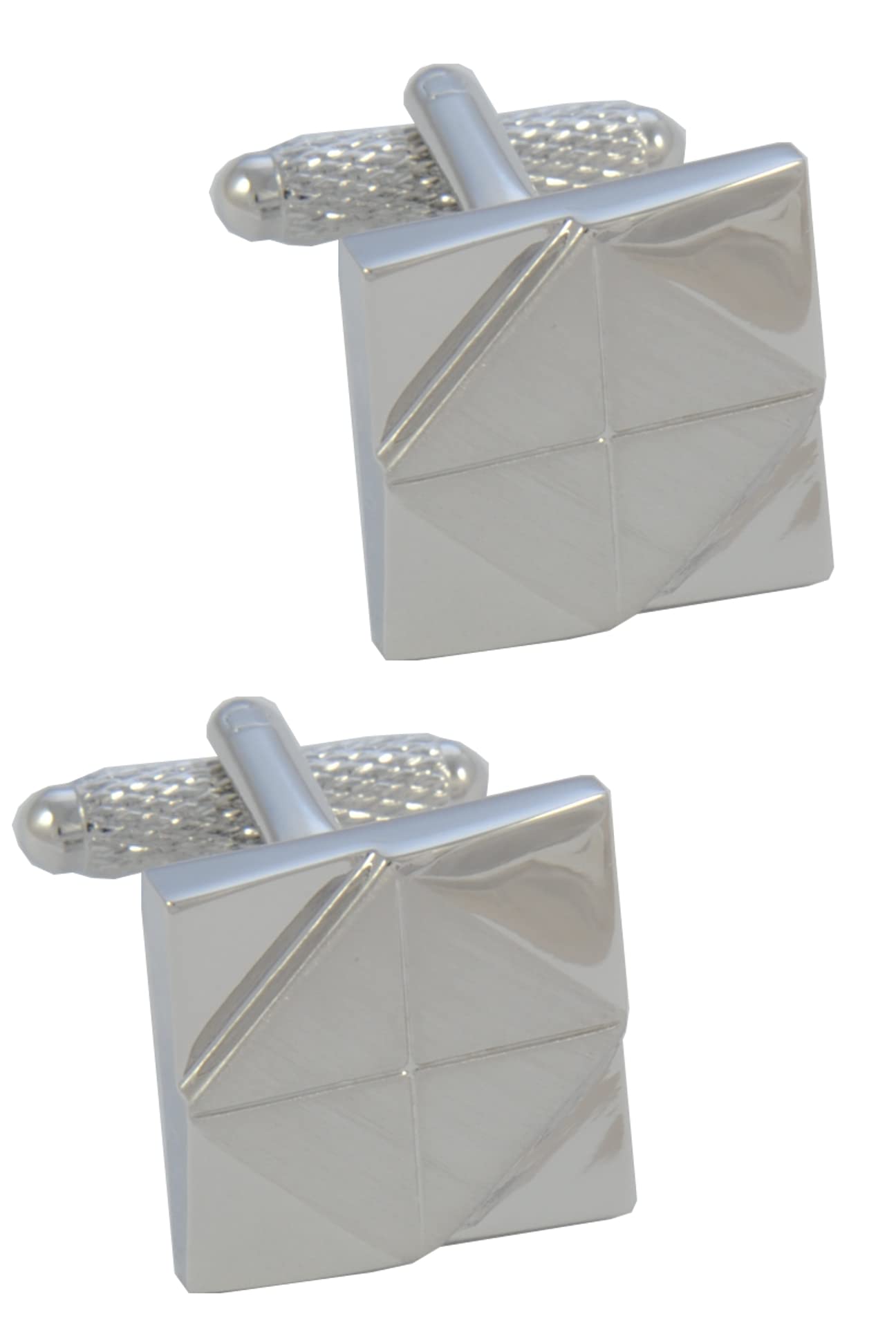 Cufflinks for Men + Presentation Box - Silver Colour - Square with Inner Diamond Shape Design - Solid Brass Metal - Geometric Pattern - One Pair