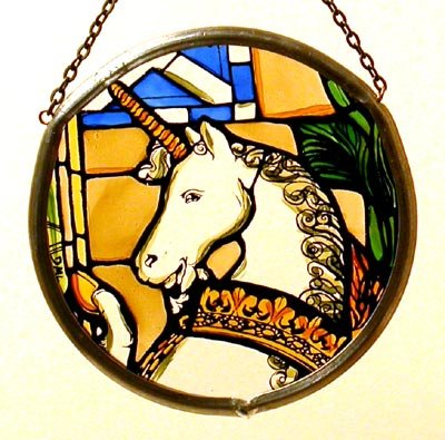 Decorative Hand Printed Stained Glass Window Sun Catcher/Roundelette in an Edinburgh Unicorn Design.