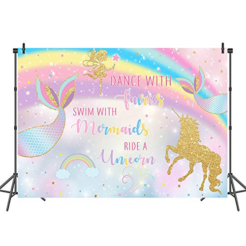 Mocsicka Unicorn Mermaid And Fairy Birthday Backdrop Dance With Fairies Ride A Unicorn Swim With Mermaids Vinyl Background Banner 7x5ft Chase Rainbows Magical Party Photo Backdrops Photoshoot Props Pricepulse