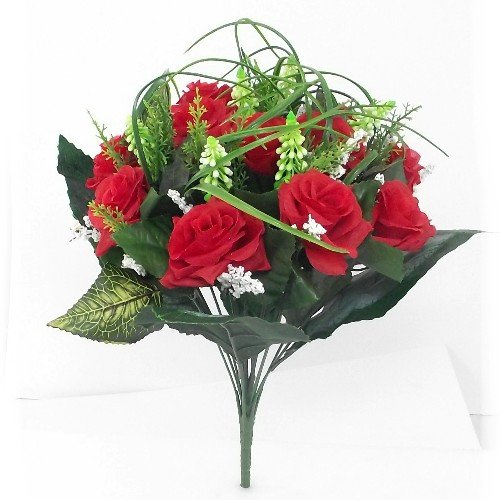 38cm Artificial Silk Red Rose & Grass Bush with Gyp & Foliage - 12 flower heads- Wedding Grave Home Decoration