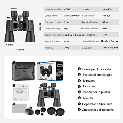 APEXEL 10-30x50 Optical Zoom Binoculars High Performance for Adults, Weak Light, Night Vision, Waterproof, FMC/Prism BAK4 Lens, Professional HD Binoculars for Birdwatching, Concerts
