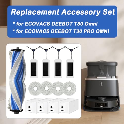 SpeHiate Accessories for ECOVACS DEEBOT T30 Omni/ T30 Pro Omni Robot Vacuum Cleaner, Replacement Part with 1 Main Brush, 4 HEPA Filters, 6 Mops, 4 Dust Bags, 4 Side Brushes