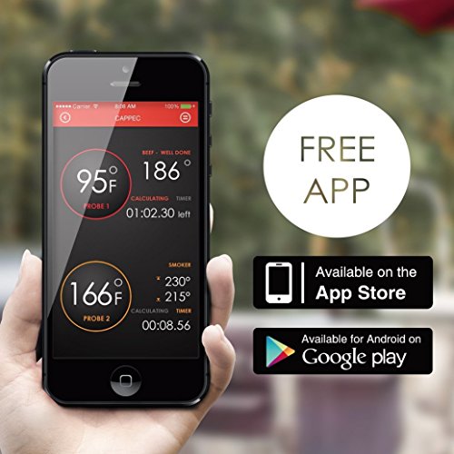 Cappec Luxury Wireless Bluetooth Remote Digital Cooking Food Meat Thermometer with Dual Probe for BBQ Grill Smoker Oven, 150 Feet Range,White Backlight