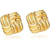 Gold Statement Chunky Stud Earrings for Women，Geometric Square Textured Vintage Trendy Jewelry