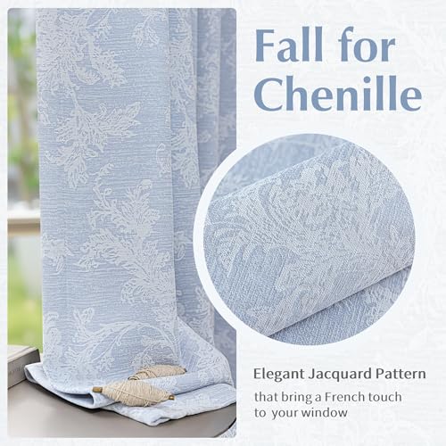 Fmfunctex Blue Floral Jacquard Blackout Curtains for Living Room 90 inch Scroll Flower Curtains for Bedroom Thermal Insulated Chenille Eyelet Curtain Room Darkening Window Curtain Drapes 2 Panels