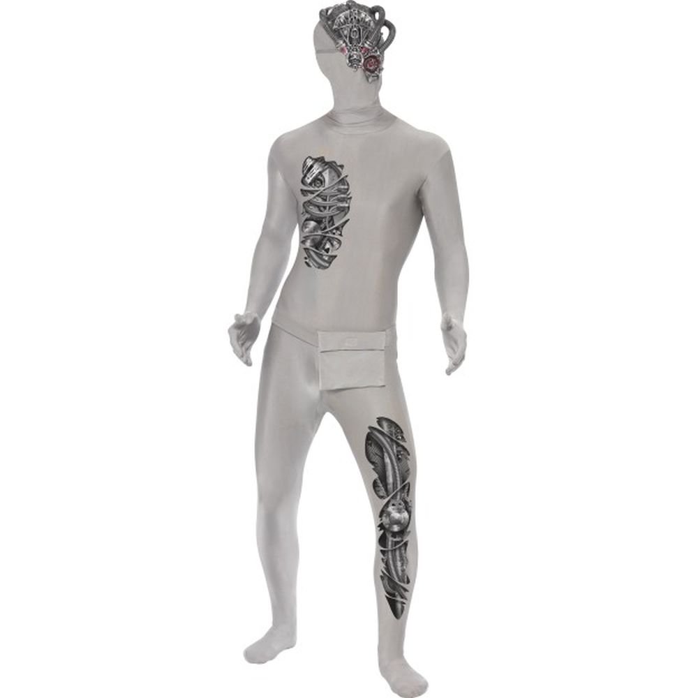 Smiffys Robotic Second Skin Costume, Grey Mask, Concealed Fly, Under Chin Opening & Bum Bag, Halloween Adult Fancy Dress, Adult Dress Up Costumes