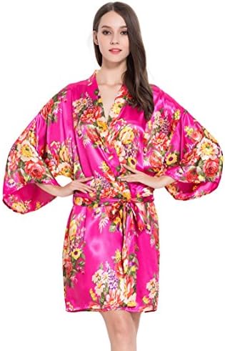 MODERN CELEBRATIONS Embroidered Floral Satin Robe,Bridesmaid On Back, One Size Fits 0-14 (Fuchsia Bridesmaid)