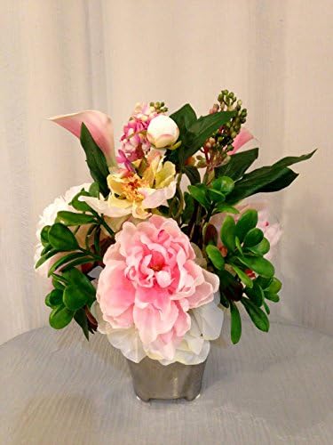 Peony, Lilac and Jade Plant Arrangement in Silver Mesh Ceramic Pot, Pink and White, Home Office Decor Flower for Gift, Handcrafted at thefloralmart