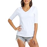 VIIOO Women's Basic Half Sleeve V Neck T-Shirt Casual Solid Slim Cotton Top