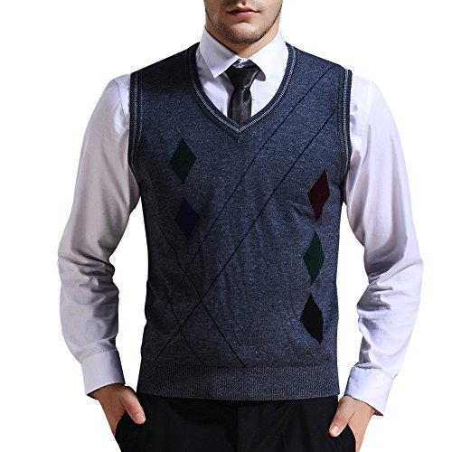 Zicac Men's V-neck Rhombus Knitwear Sweater Vest Waistcoat (XL, Dark Gray)