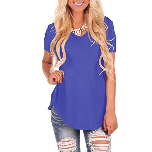 YS.DAMAI Women's V Neck Tee Shirts Short Sleeve Loose Fit Casual Summer Tee Tops (X-Large, Blue)