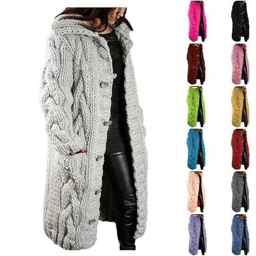 Chunky Knit Cardigan, Longline Chunky Knitted Cardigan, Warm Cable Knit Button Down Hooded Sweater Coat with Pockets, Oversized Cardigans for Women